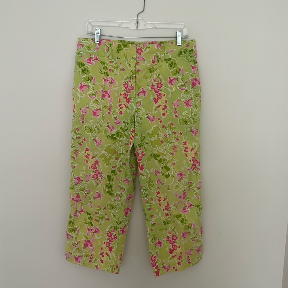 Green women’s summer pants with pink floral print